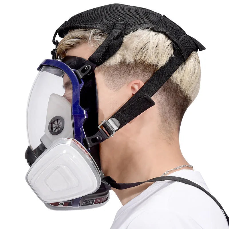 Blue edge spherical full face gas mask with trapezoidal canister and silicone seal