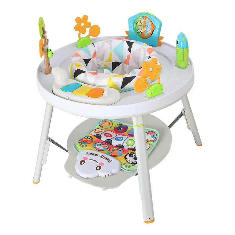 Plastic baby jumping chair with overhead gymnastics rack and toy attachments in Yaya duck design