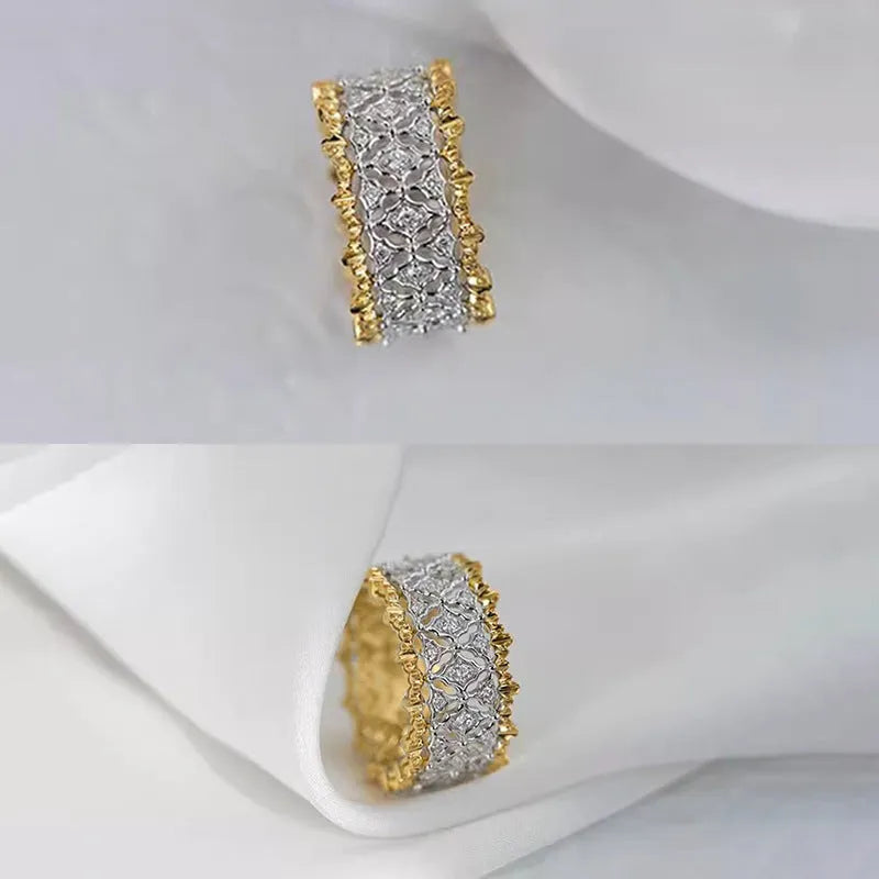 Two-tone gold geometric ring with round zircon detail on copper construction