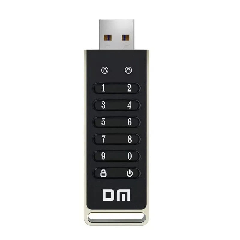 Silver metal fingerprint-encrypted USB flash drive showing size and scanner.