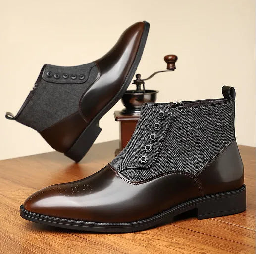 Brown and green men's retro formal shoes with side zipper, square toe, and low heel on a rubber sole.