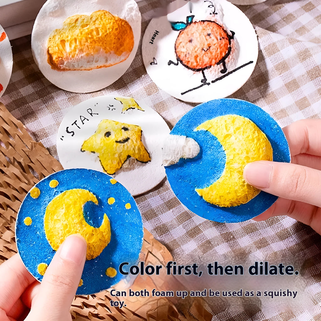Wood pulp paper and fountain pen art set with heart, round, and square shaped sponge paper for drawing.