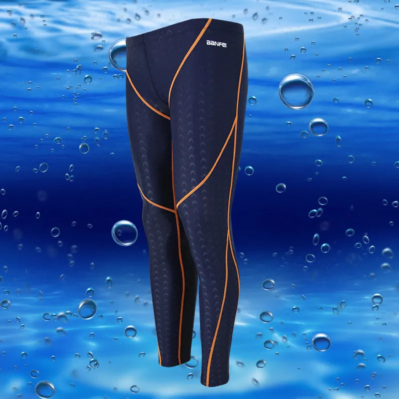 Men's black nylon cropped swimming trunks on a size chart showing M to XXXL.