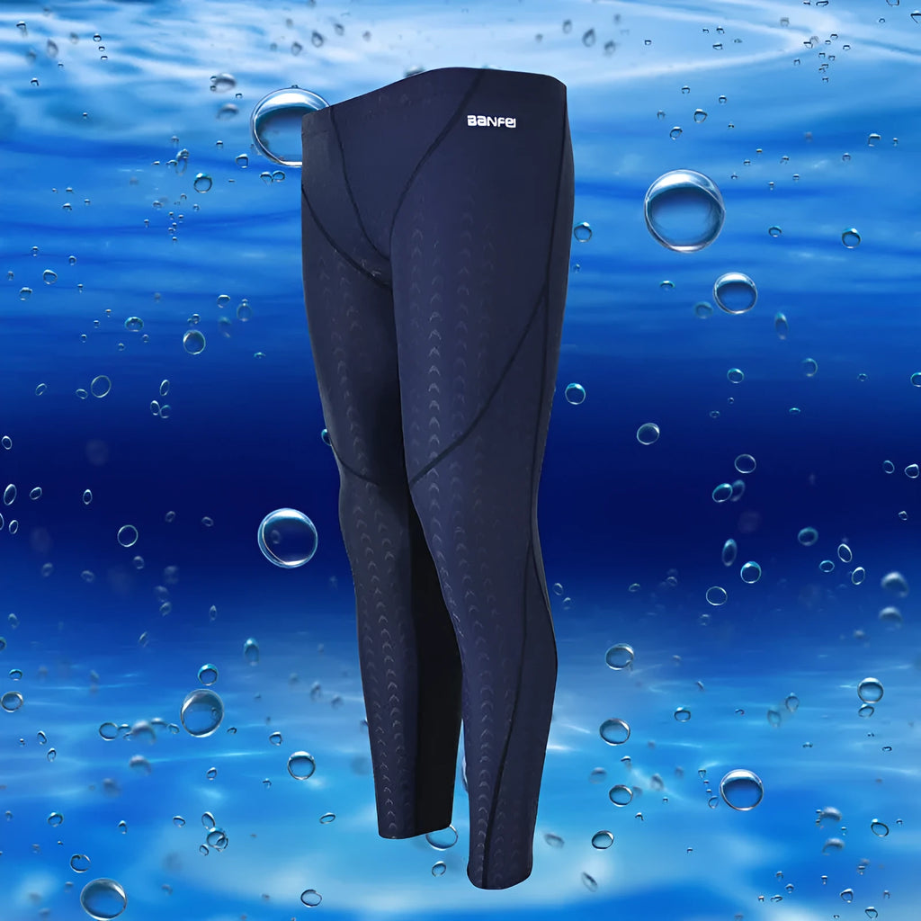 Men's black nylon cropped swimming trunks on a size chart showing M to XXXL.