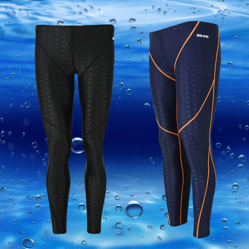 Men's black nylon cropped swimming trunks on a size chart showing M to XXXL.