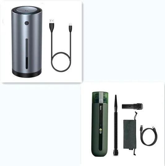 Baseus handheld cordless car vacuum cleaner in black, white, or green with blowing hose attachment.