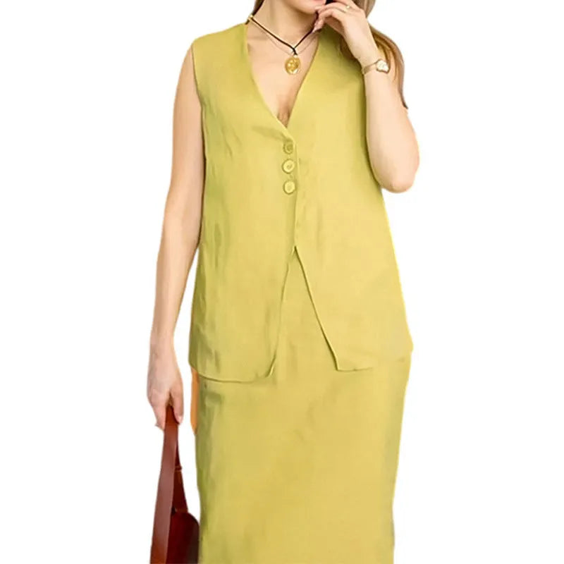 A woman's casual two-piece suit with a sleeveless loose vest and a long matching skirt.