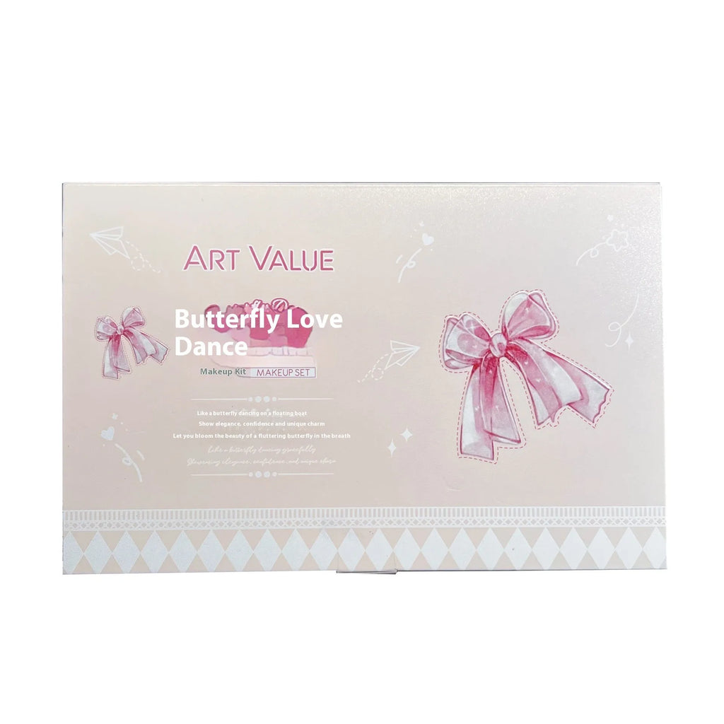 Butterfly Box makeup set containing four pink matte lip muds, one powder blusher, and a butterfly necklace in standard packaging.