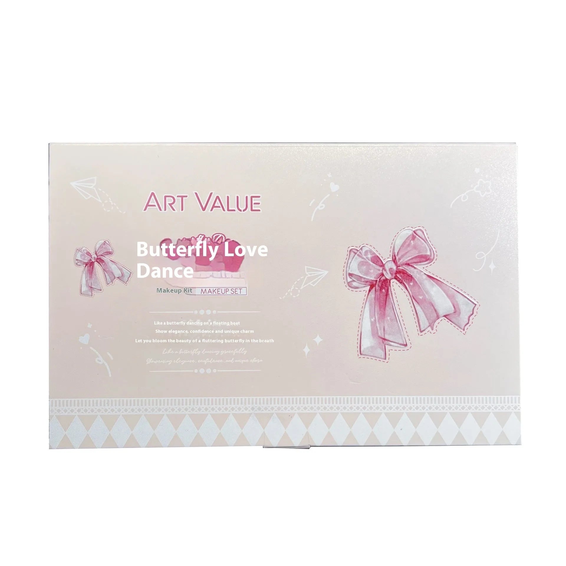Butterfly Box makeup set containing four pink matte lip muds, one powder blusher, and a butterfly necklace in standard packaging.