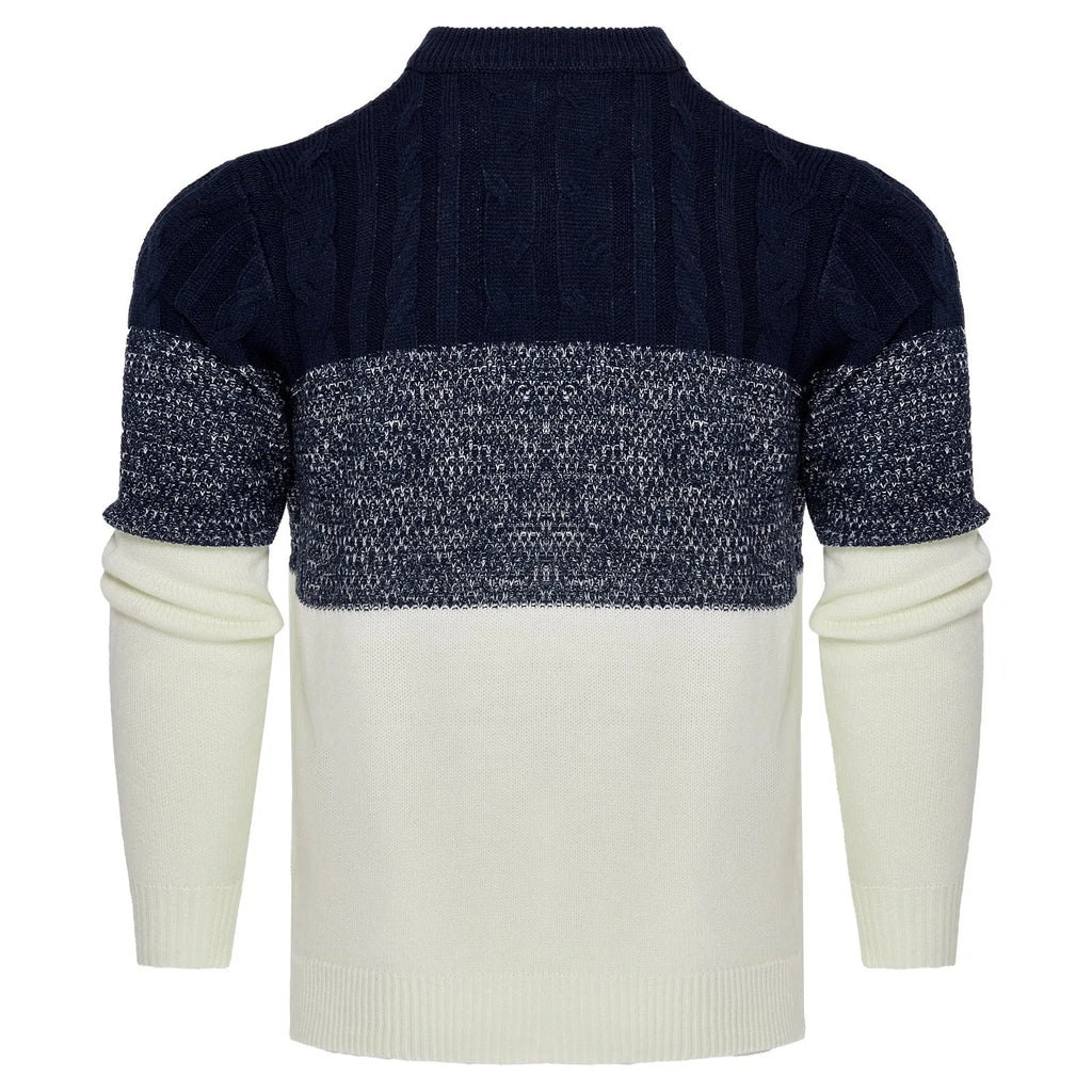 Men's grey knitted pullover sweater with crew neck and long sleeves on a hanger.