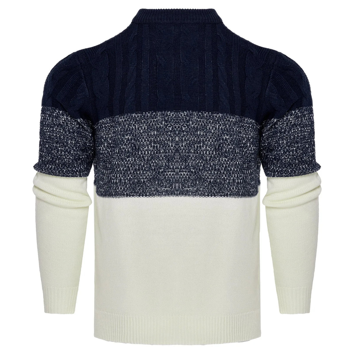 Men's grey knitted pullover sweater with crew neck and long sleeves on a hanger.