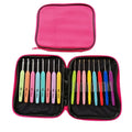 Set of 16 crochet hooks with soft and hard handles in a black PU storage bag.