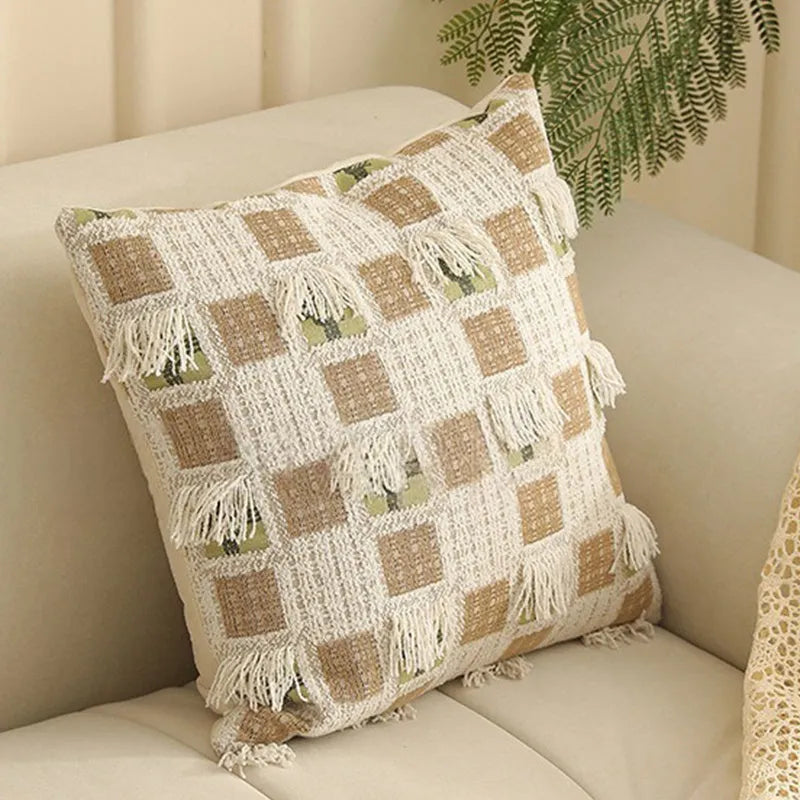 Yarn-dyed Jacquard sofa pillow cover with plant and flower pattern in a 45x45cm square.