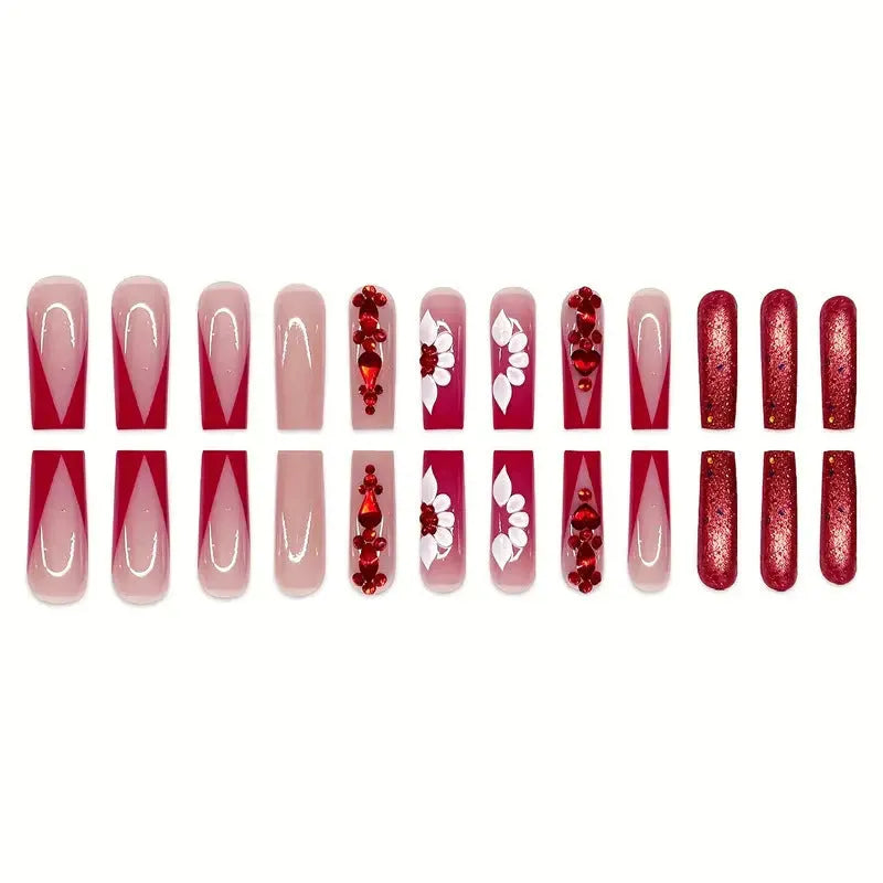 Sweet flowers temperament prismatic red diamond removable fake nails set with European square shape