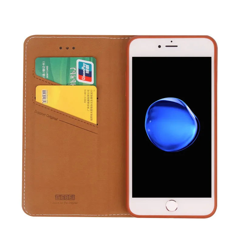 PU leather wallet phone case for iPhone with card slots in black, blue, brown, khaki, or pink