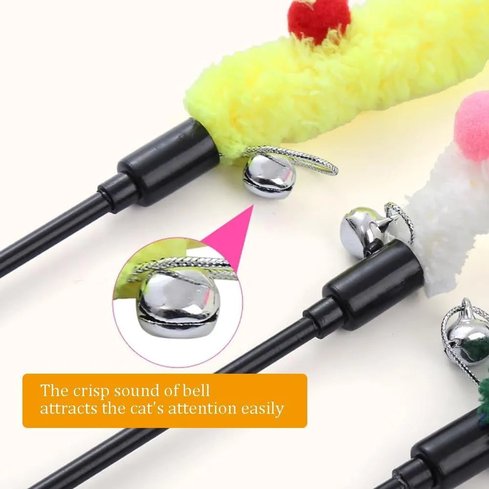Colourful cat wand toy with plush strip and bell ball on 41cm pole