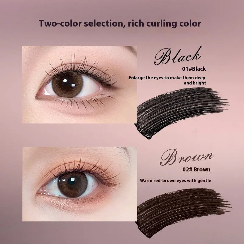Long curling mascara tube in black or brown with long-lasting setting formula