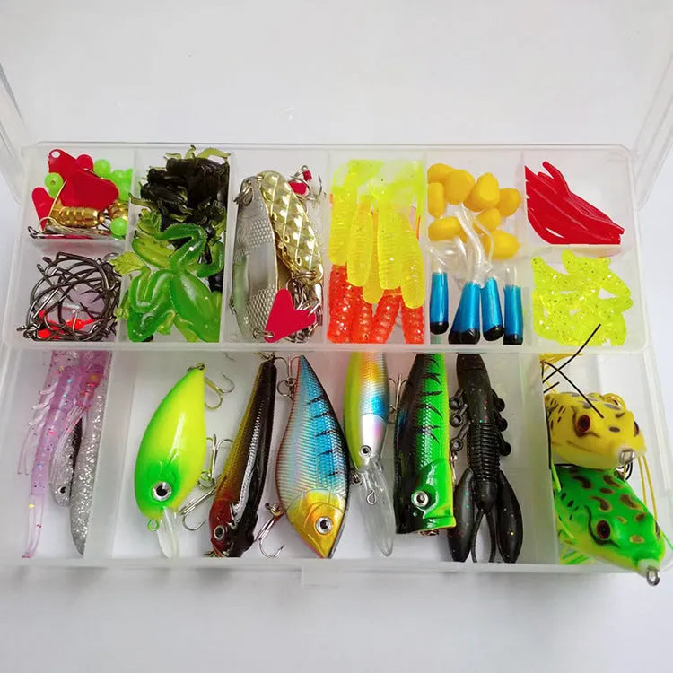 142-piece fishing lure kit with hard minnow lures, sequin lures, hooks, and metal pliers