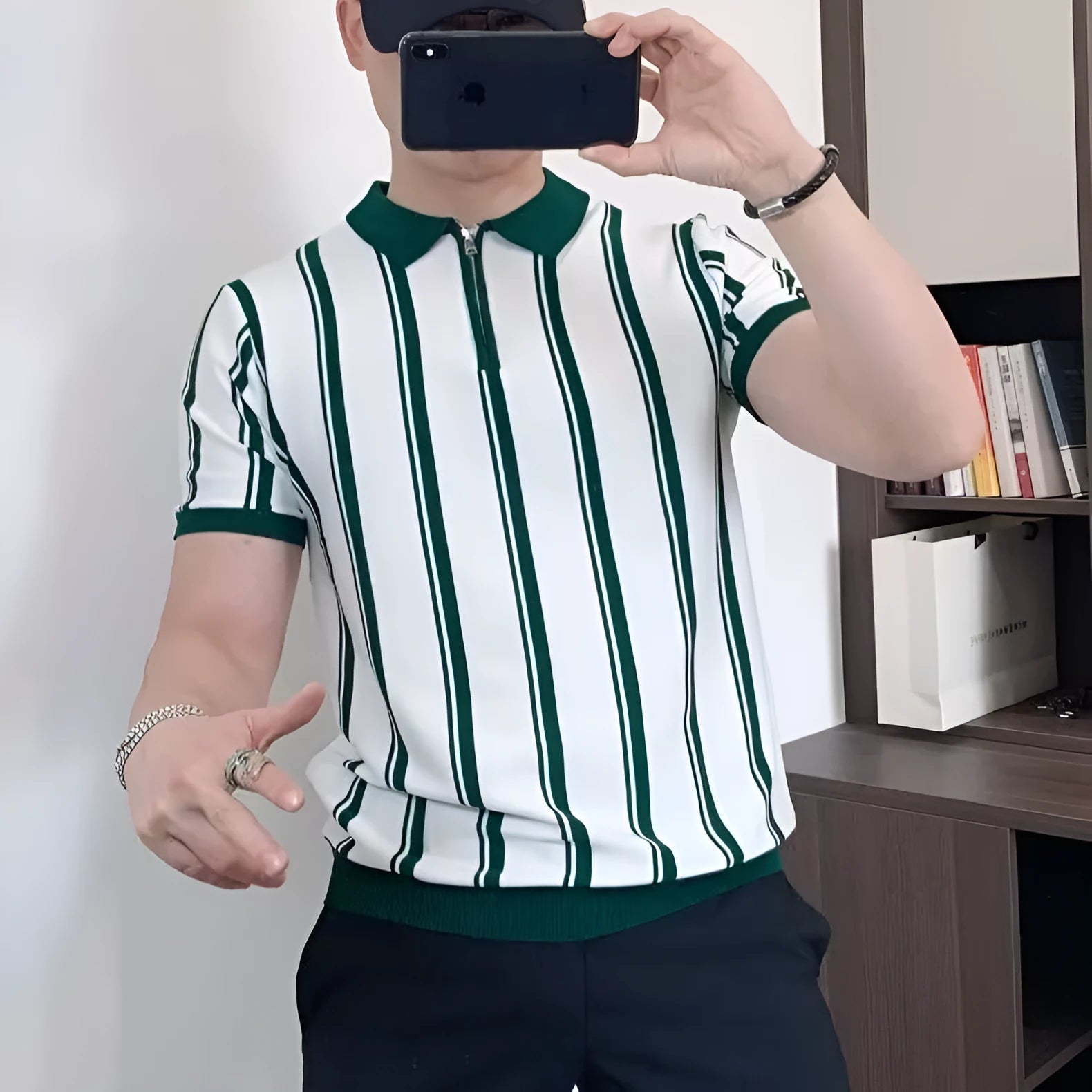 Korean style vintage stripe personality zipper half-sleeved T-shirt for men in black and white loose fit