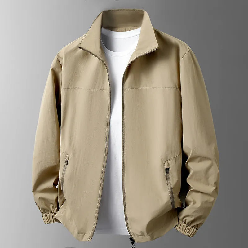 Large size men's casual jacket with stand collar and zipper, available in five colours and sizes M to 8XL