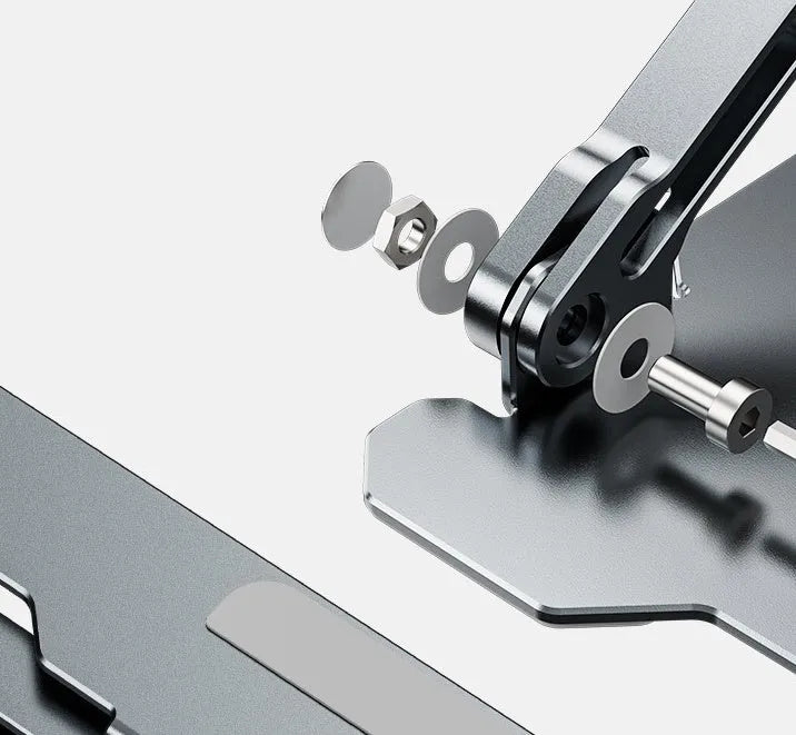 Grey aluminium adjustable laptop stand folded and unfolded on a wooden desk