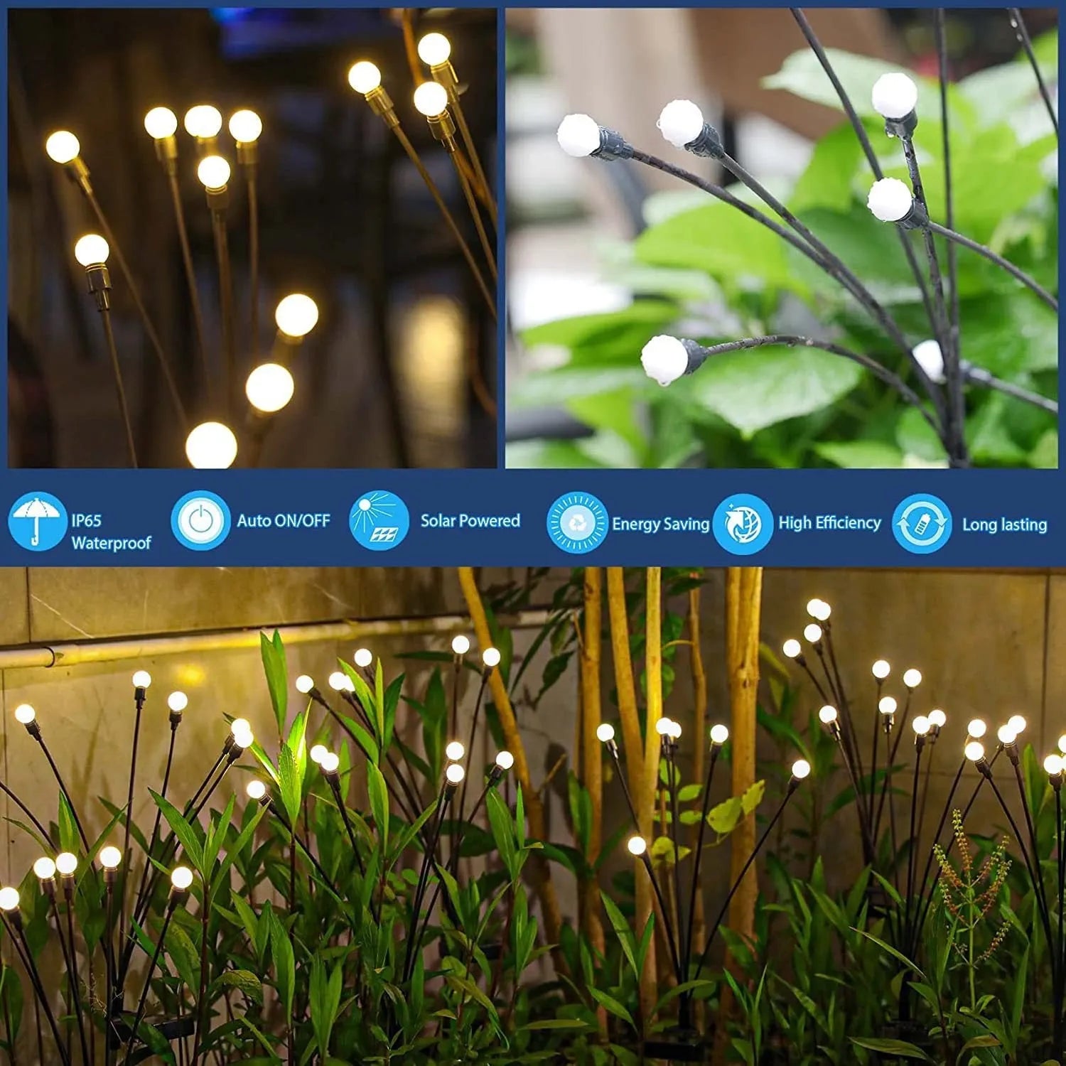 Solar-powered LED firefly ground spike light with multiple heads inserted along a garden path.