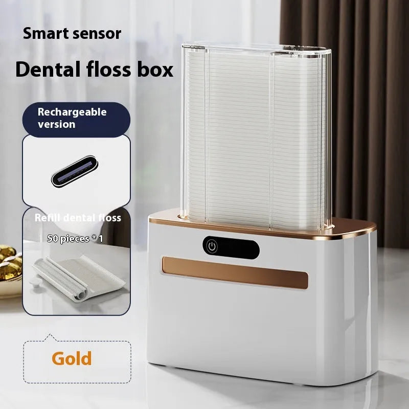 Intelligent induction dental floss box in dark grey colour showing automatic pop-up mechanism with rechargeable battery