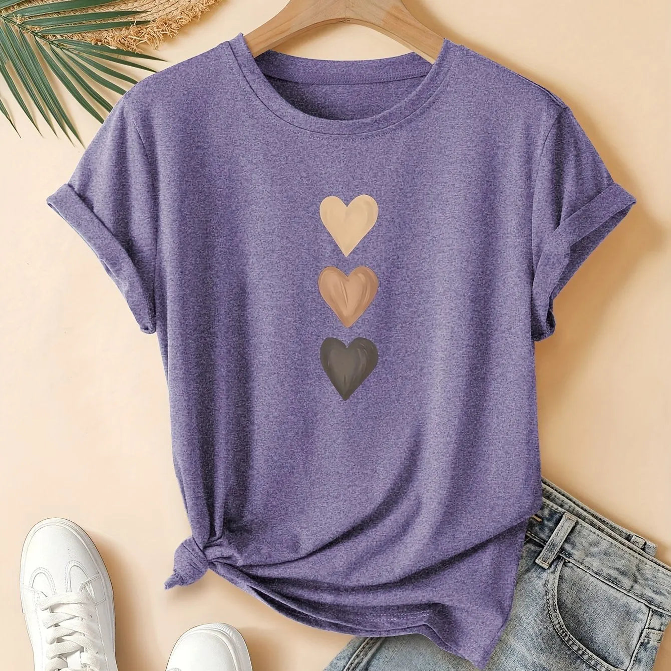 Women's pure cotton short sleeve t-shirt with three-heart printing in Chinese art retro style available in multiple colours