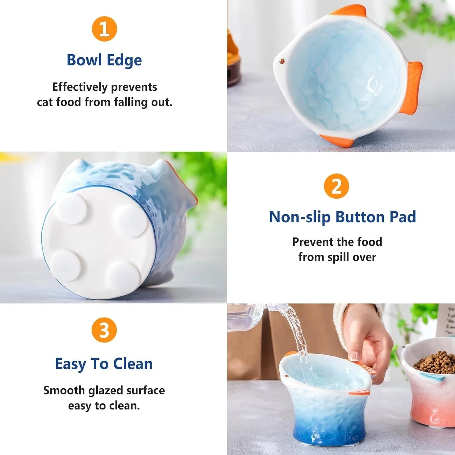 Ceramic cat feeder bowls fish shape design with 15-degree tilt angle and elevated height
