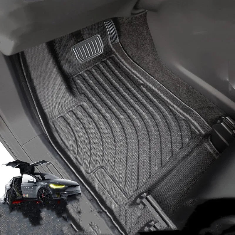 TPE waterproof car foot pads and tailbox liner for a left-drive Tesla Model X.
