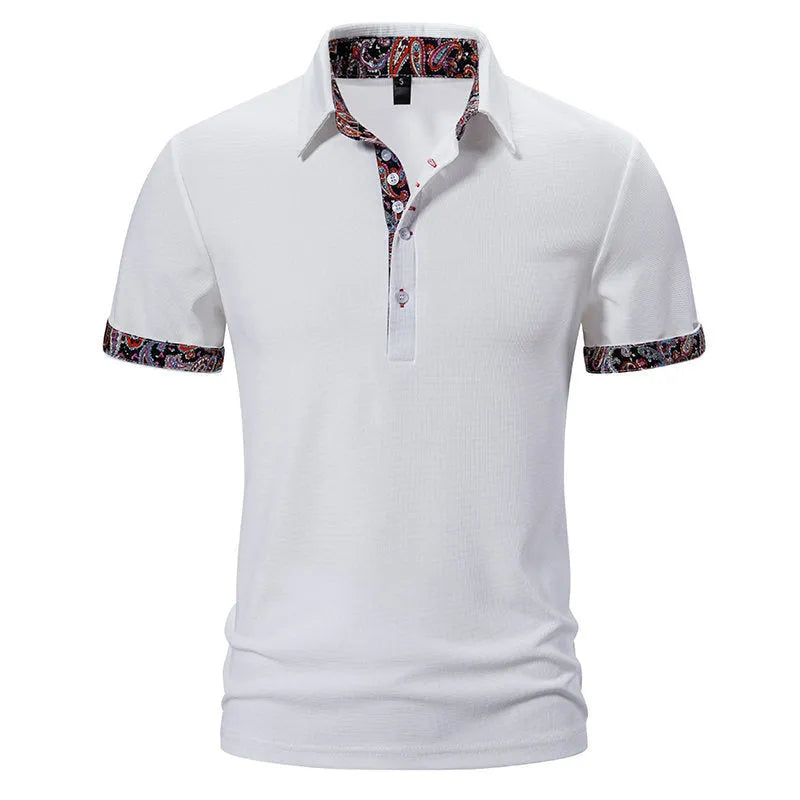 Men's cotton blend polo shirt with turnover collar and colour stitching in white, black, or navy blue.