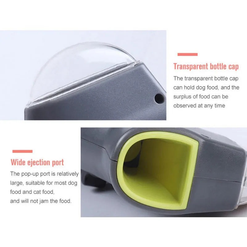 Grey plastic pet treat catapult launcher for dogs and cats on a neutral background