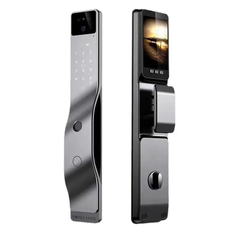 F7 smart door lock with face recognition camera, fingerprint scanner, and password keypad in aluminium alloy housing