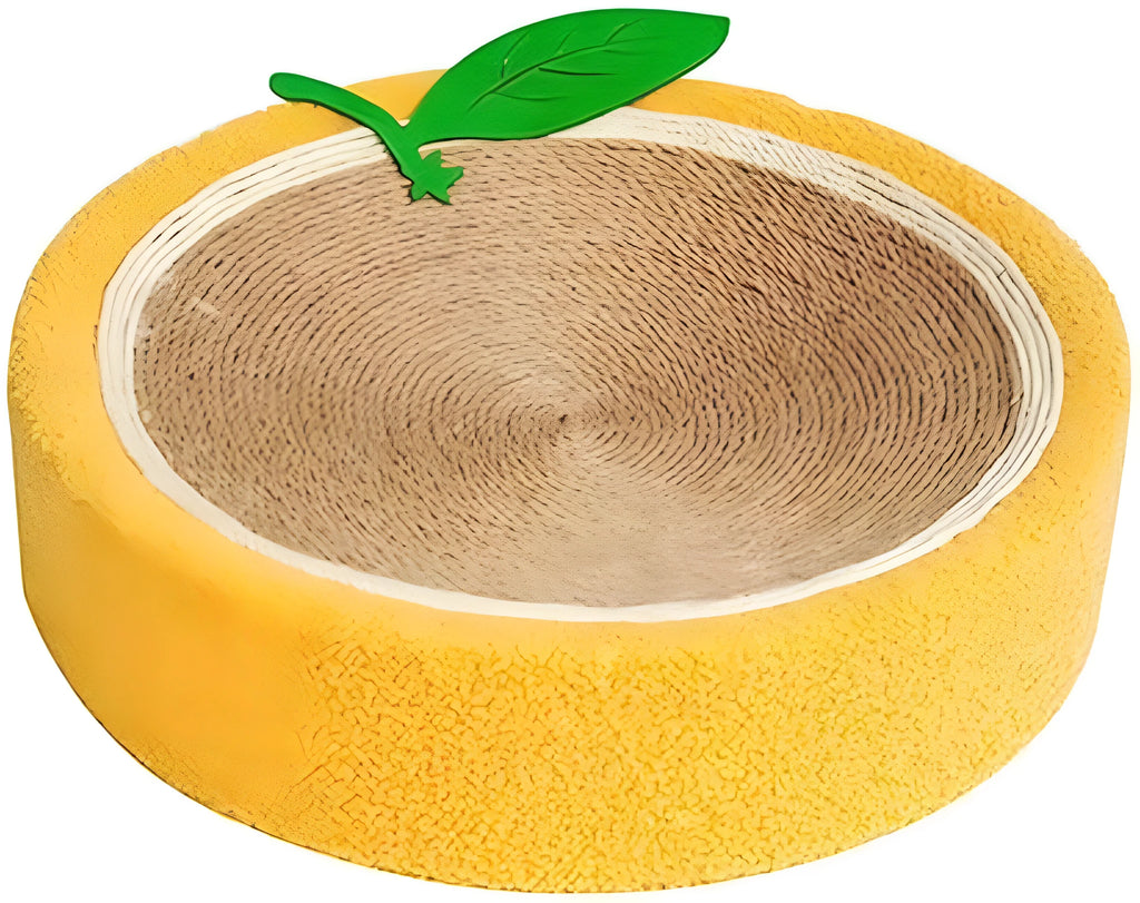 Yellow fruit-shaped sisal cat scratching board and bed with concave centre for small breeds
