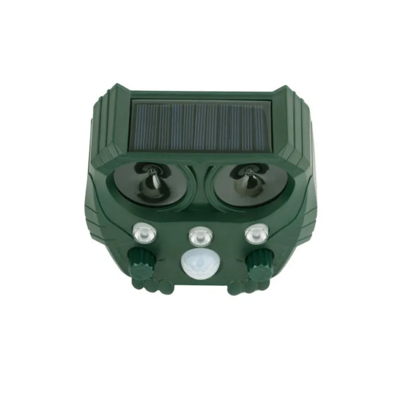 Green solar-powered ultrasonic animal repeller unit for outdoor pest control