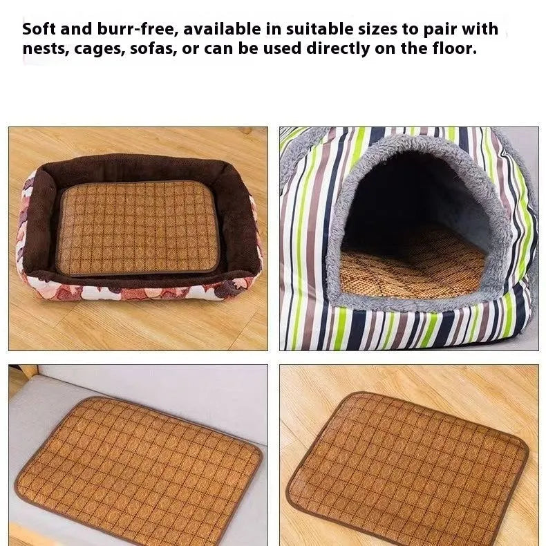 Brown rattan fibre dog cooling mat for summer use in multiple size options