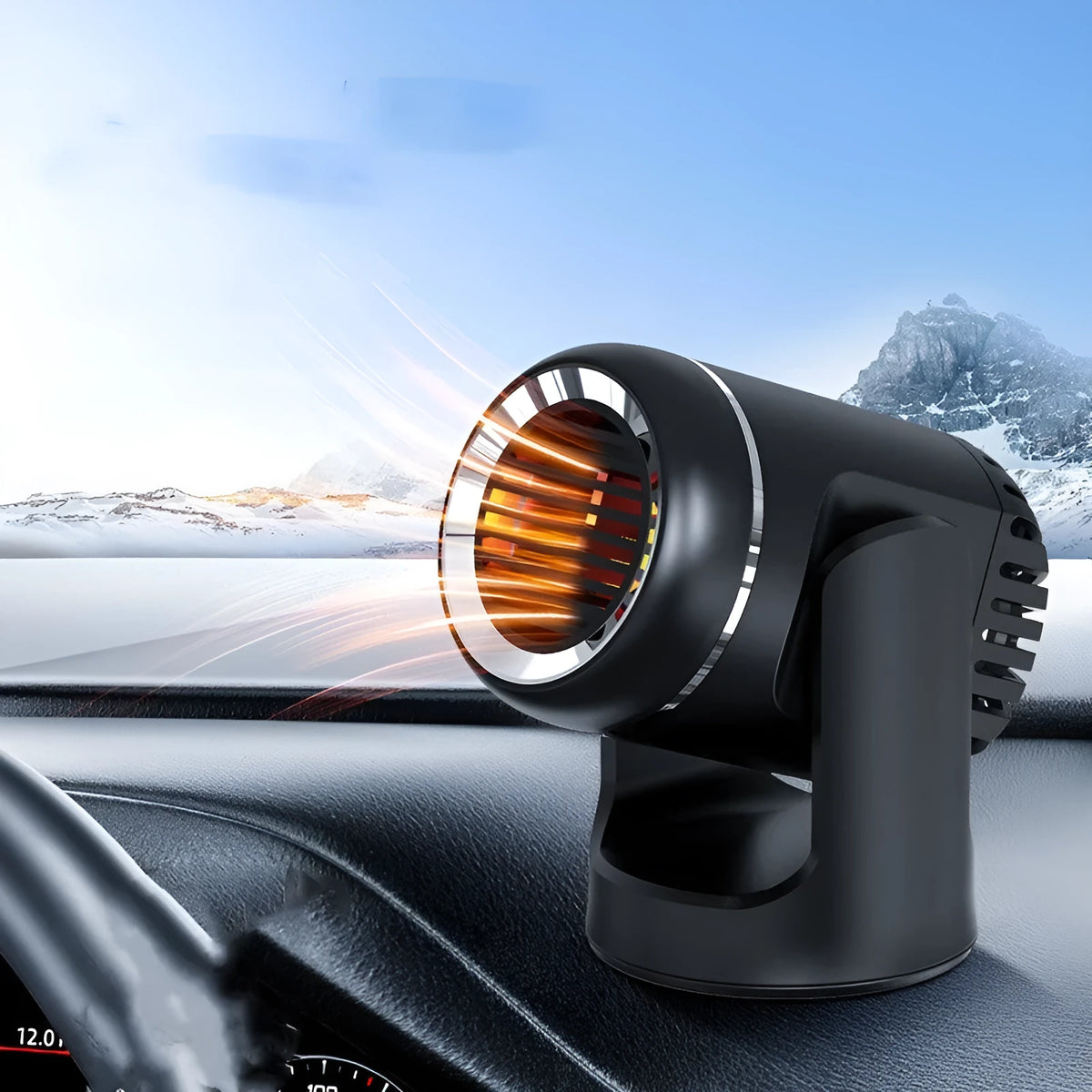 Black and white portable 12V car heater with dual cold/warm function for defrosting windscreens