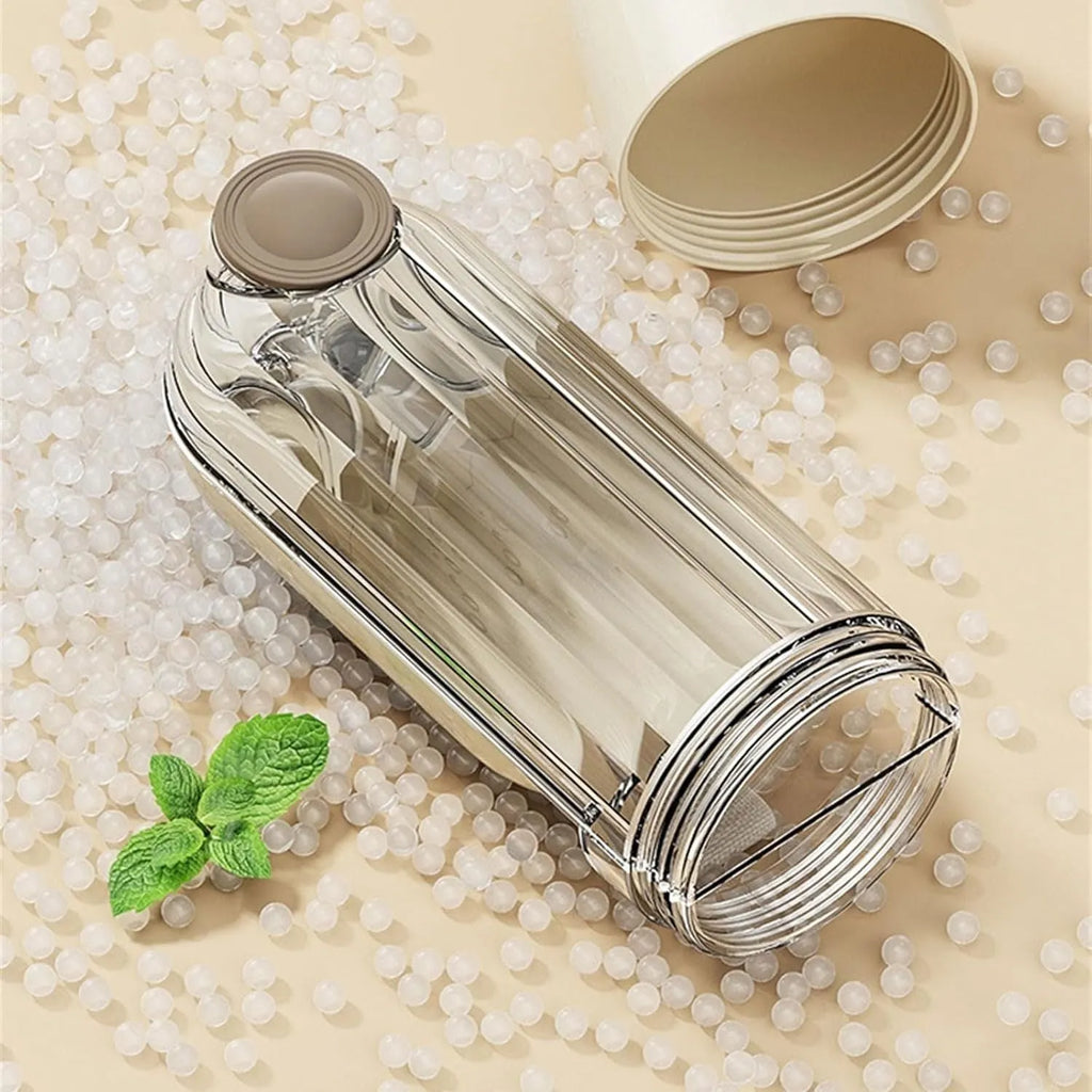 Beige or green folding portable dog water bottle with food dispenser, shown in open and closed positions.