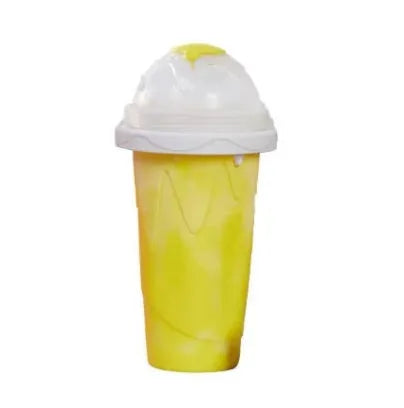 Blue double wall silicone cold shake cup with cylindrical shape and pinch activation for instant beverage cooling