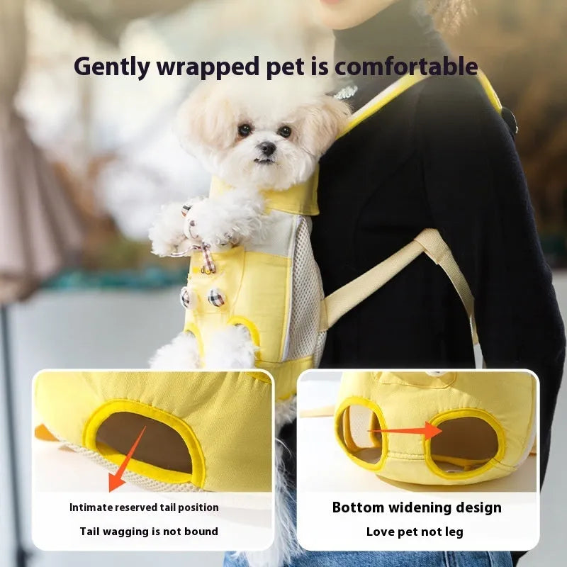 Canvas pet carrier bag with cartoon animal pattern and colourful stitching in four size options