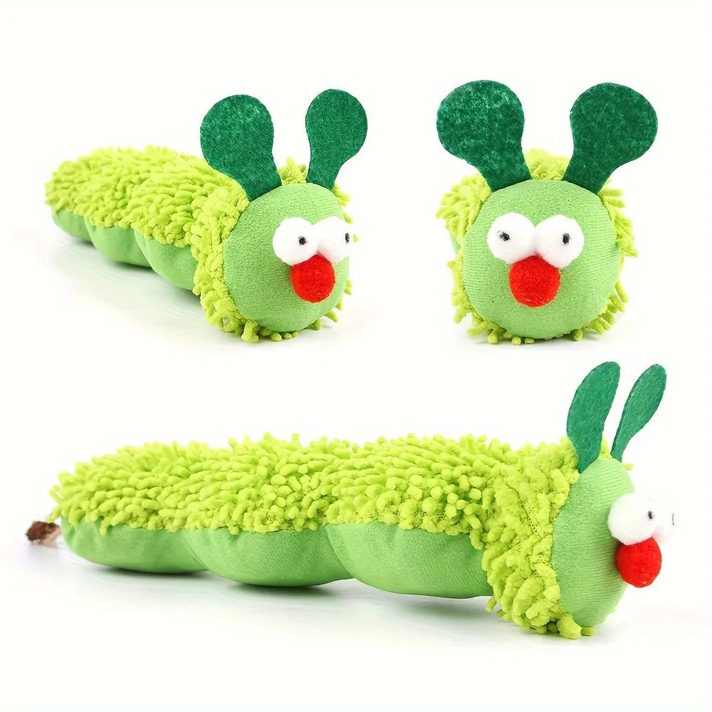 Green interactive plush cat toy with sports accessories showing 24cm length dimensions