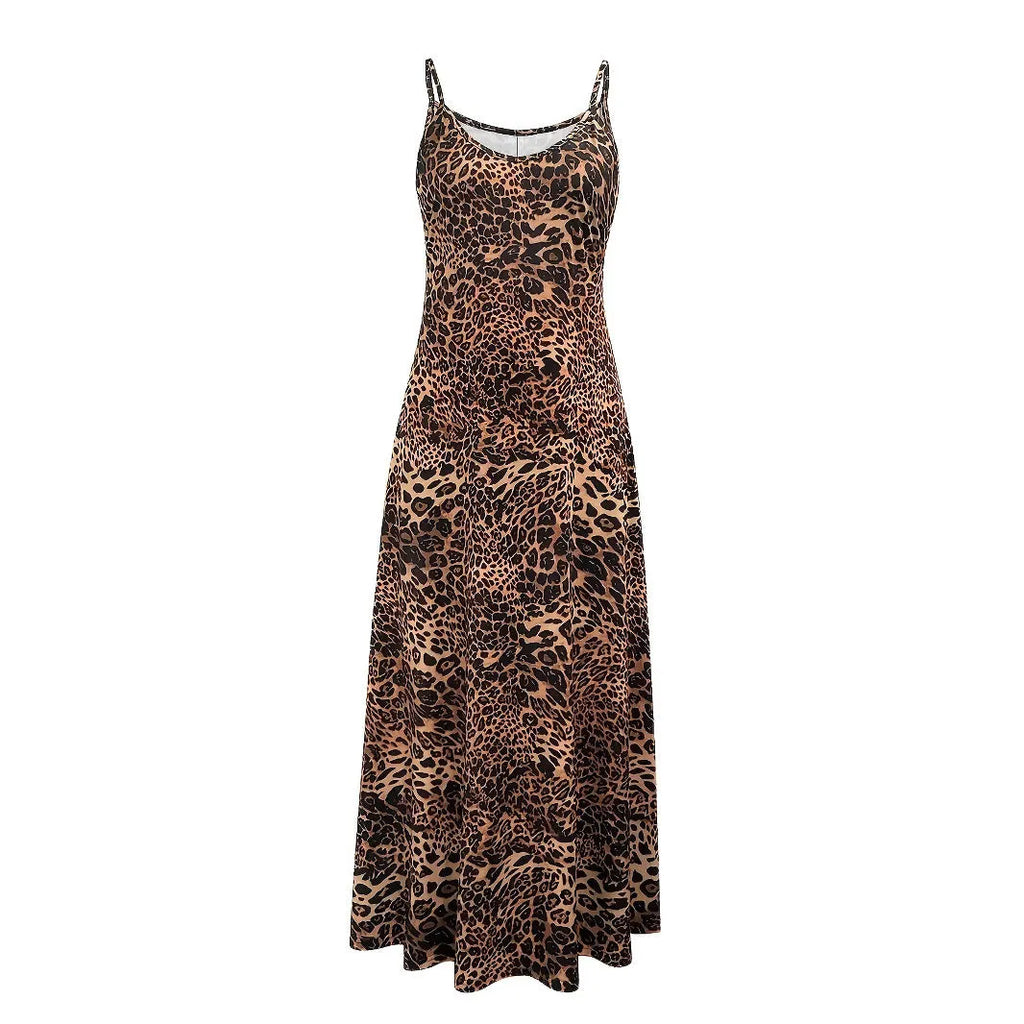 Dark brown leopard print sleeveless dress with round neck and hip skirt silhouette
