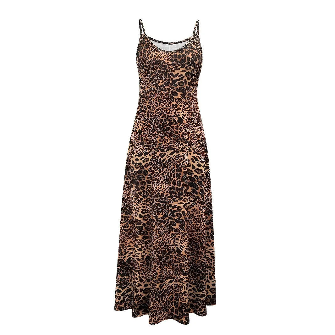Dark brown leopard print sleeveless dress with round neck and hip skirt silhouette
