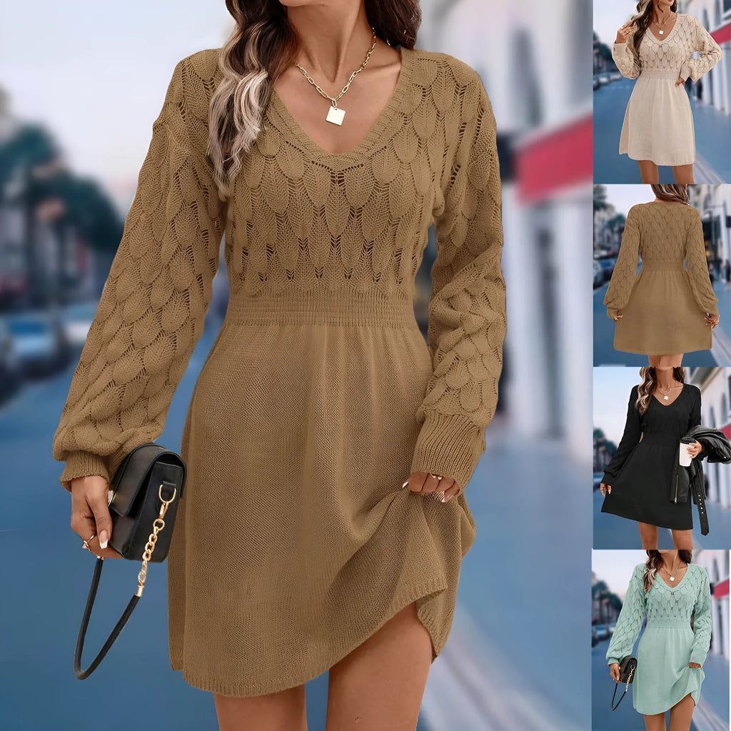 Acrylic V-neck ethnic style beach dress with long sleeves and 3D pattern in apricot colour