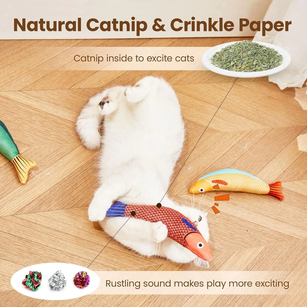 Soft plush fish cat toy with organic catnip and crinkle sound in green orange and yellow colours for kittens