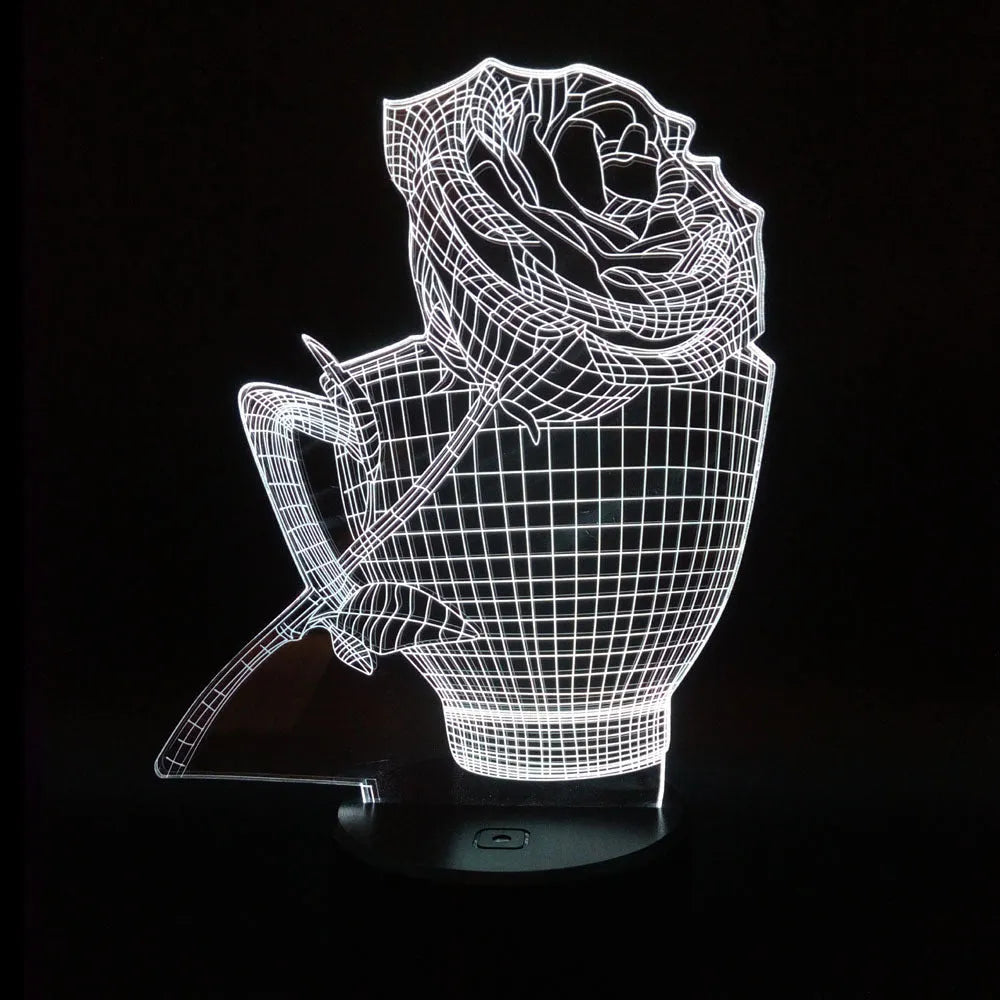 3D rose flower night light with acrylic design and ABS base showing colour changing options