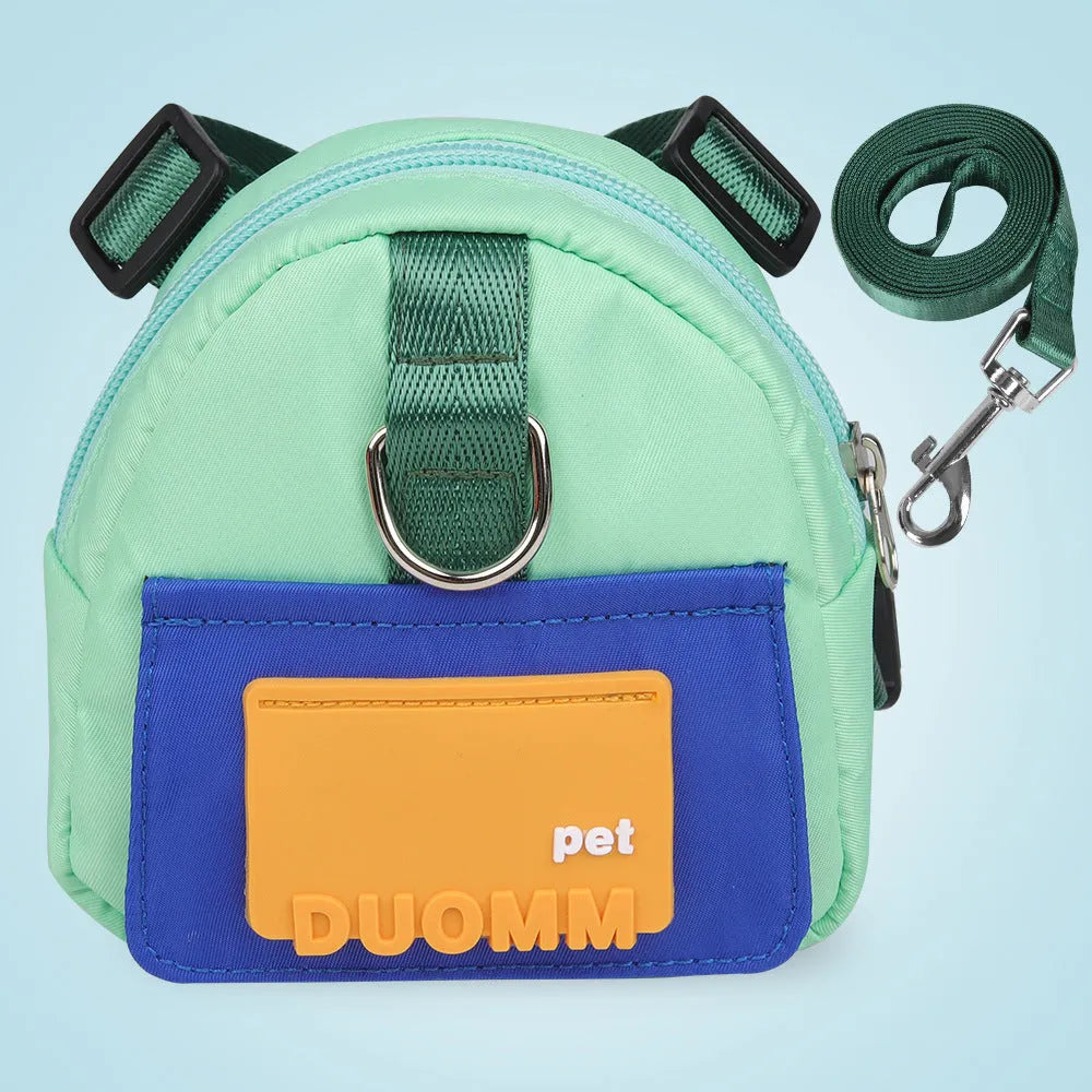 Blue adjustable dog backpack with harness and storage compartments for travel