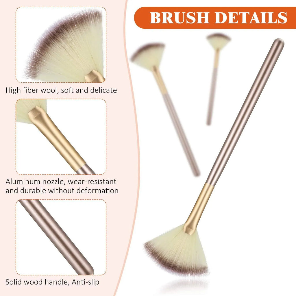 Set of 10 champagne-finish facial fan brushes with protective covers for professional makeup and skincare