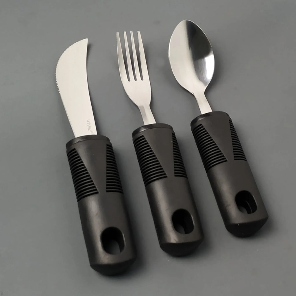 Stainless steel adaptive eating utensils with rubber handles in black and grey colour options