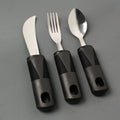 Stainless steel adaptive eating utensils with rubber handles in black and grey colour options